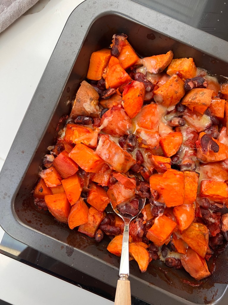 Cheesy sweet potato bean bake Sophie Bertrand